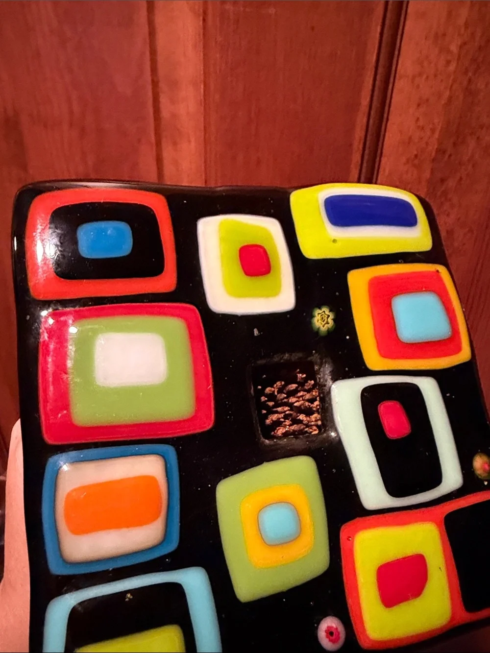 Vintage Colorful Retro Geometric Fused Glass Flower Frog